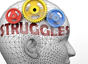 Struggles and human mind - pictured as word Struggles inside a head to symbolize relation between Struggles and the human psyche,