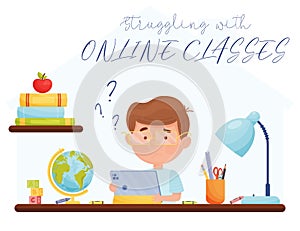 Struggling with online classes. Confused boy during online classes.