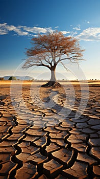 Struggling tree on dry soil underscores climate changes toll water scarcity and drought