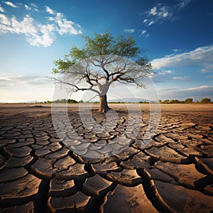 Struggling tree on dry soil underscores climate changes toll water scarcity and drought