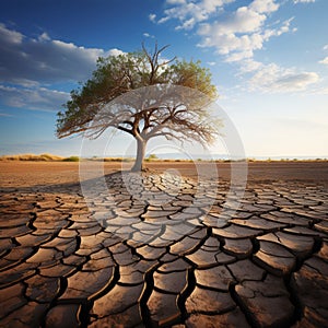 Struggling tree on dry soil underscores climate changes toll water scarcity and drought