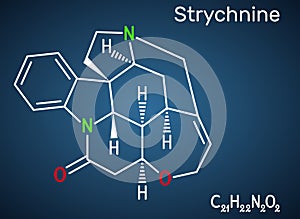 Strychnine, C21H22N2O2,  molecule. It is monoterpenoid indole alkaloid, is from the seeds of the Strychnos nux-vomica tree. Used