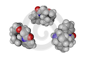 Strychnine molecule. Atoms are represented as spheres with conventional color coding: hydrogen white, carbon grey
