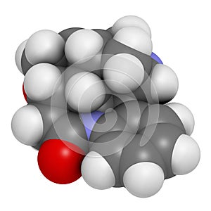 Strychnine poisonous alkaloid molecule. Isolated from Strychnos nux-vomica tree. Atoms are represented as spheres with