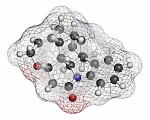 Strychnine poisonous alkaloid molecule. Isolated from Strychnos nux-vomica tree. Atoms are represented as spheres with