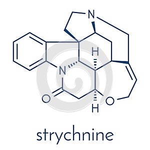 Strychnine poisonous alkaloid molecule. Isolated from Strychnos nux-vomica tree. Skeletal formula.