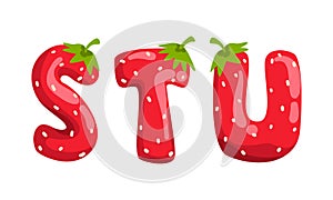 STU Ripe Fresh Strawberry Alphabet Letters, Tasty Bright Jelly Red Berry Font Cartoon Vector Illustration