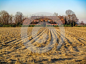 stubble field with farmhouse in the Lombardy countryside, Italy