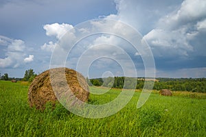 Stubble field and hay bales.