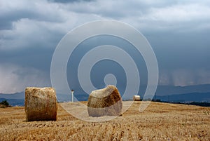 Stubble field and straw bales