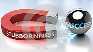 Stubbornness helps achieving success - pictured as word Stubbornness and a magnet, to symbolize that Stubbornness attracts success