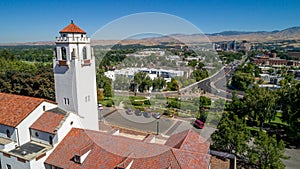 Stucco Clock tower and skyline of Boise Idaho in the summer