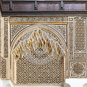 Stucco decoration in the small courtyard of the Bahia Palace in Marrakesh, Morocco.