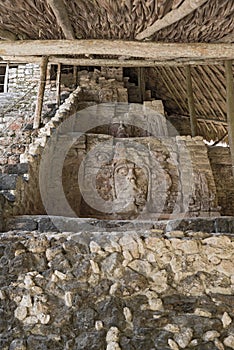 Stucco figures in the Temple of Masks in Kohunlich, Quintana Roo, Mexico