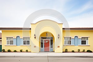 stucco home facade with symmetrical arched entryways