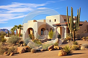 a stucco southwest-style home with a desert landscape