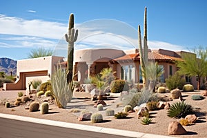 a stucco southwest-style home with a desert landscape