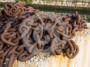 Stud link rusted chain used for mooring or anchoring