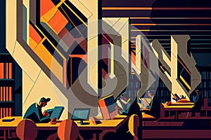 Studens and people visit and study in big library illustration photo concept