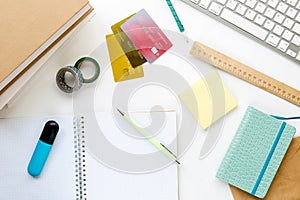 Student application set with credit cards, keyboard and envelope on white desk top view mockup