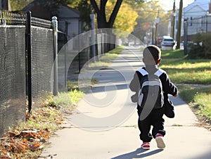 A student with a backpack and lunch bag walking to school highlighting the disparities in transportation options between