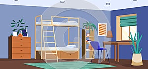 Student bedroom in dormitory with bunk bed, desk and chair