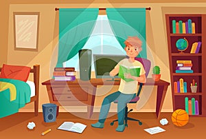 Student bedroom. Teenager read bock, college homework and student living room apartment cartoon illustration