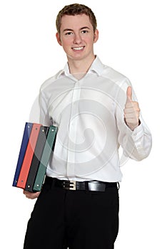 Student with binders giving thumbs up