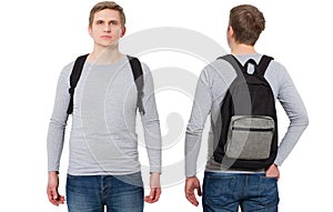 Student in blank template long sleeve t shirt with backpack front and back view. Travel man and education concept. Copy space.