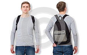 Student in blank template long sleeve t shirt with backpack front and back view. Travel man and education concept. Copy space.