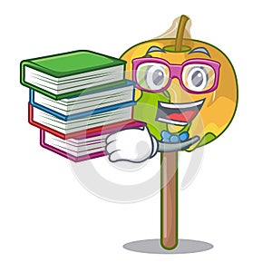 Student with book candy apple mascot cartoon