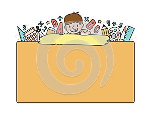 The student boy is climbing on the school yellow textbox with stationary pencil, eraser, ruler illustration vector on white