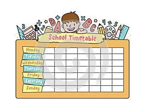 The student boy is climbing on the school yellow timetable with stationary pencil, eraser, ruler illustration vector on white