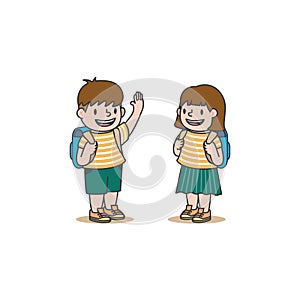 The student boy is greeting the student girl on the first day school start illustration vector on white background. Education and