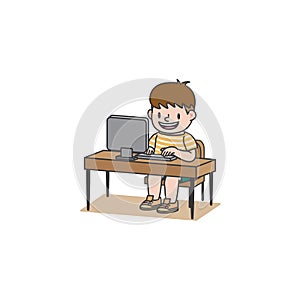 The student boy has been studying with computer or surfing the internet or chat or play game illustration vector on white