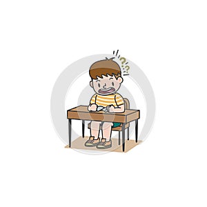 The student boy has studied and confuse and the desk illustration vector on white background. Education and study concept