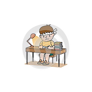 The student boy has studied hard and seriously and pile books and lamp on the desk illustration vector on white background. photo