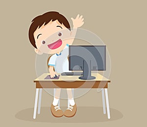 Student boy learning computer hand up