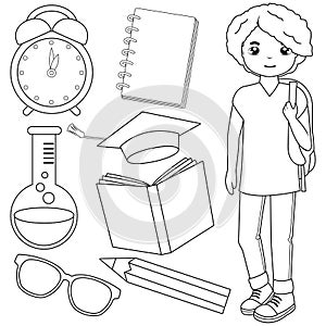 Student boy and set of school objects. Vector black and white coloring page