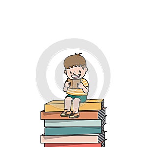 The student boy is sitting on the stack books while he is reading and smiling illustration vector on white background. Education