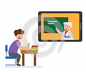 Student boy studying use tablet, illustration  for e-learning and online course in flat style vector design