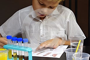 Student boy tinkering with test tubes. The child does experiments at home. Children`s home lab