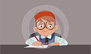 Student Boy Writing at his Desk at School Vector Cartoon Illustration