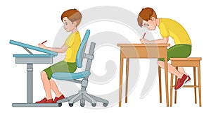 Student boy writing. Incorrect and correct back sitting position.