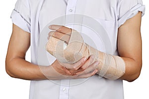 Student broken bone finger and arm in an accident isolated in white background.