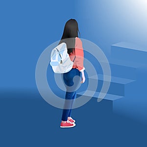 Student career guide poster. Girl step on stairs ahead. Female backpack walking path choose character vector illustration.