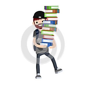 Student carries large pile of books. Heavy load in hands of man with backpack