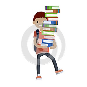 Student carries large pile of books. Heavy load in hands of man with backpack. Study problems and exam