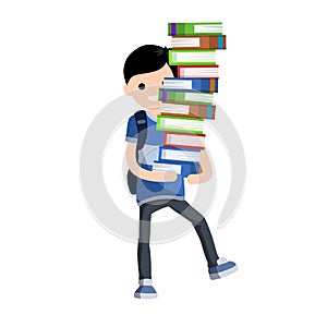 Student carries large pile of books. Heavy load in hands of man with backpack. Study problems and exam