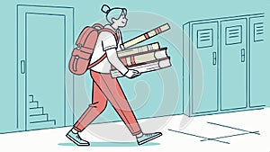 Student carrying many books walking down a school hallway education load vector design Generative AI photo